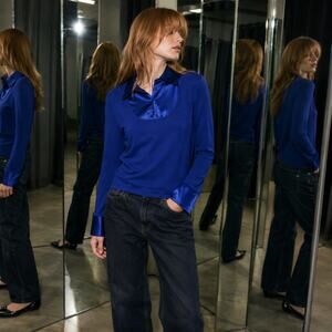 Covington Blue Satin Collar & Cuff Layered Look Top Size Large